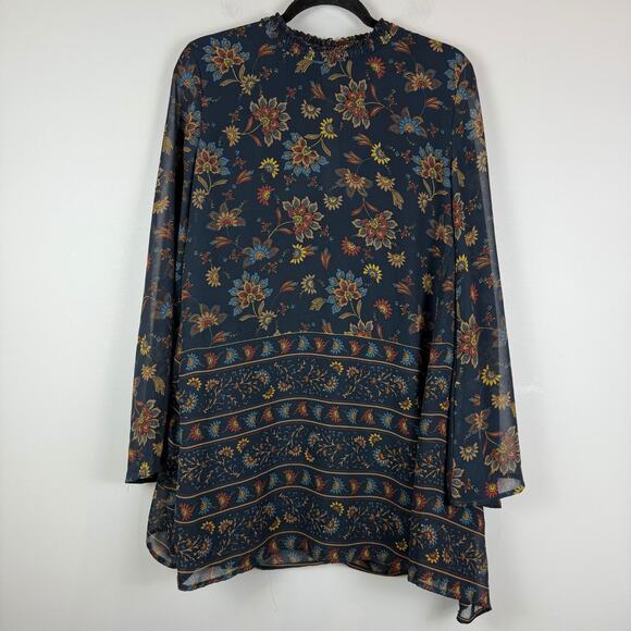 Karlie Mini Dress Women S Navy Multi Floral Smock Neck Long Sleeve Cottage Boho - Picture 1 of 8
